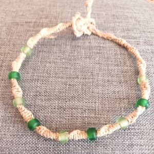 Macrame Hemp Anklet with Green Glass Beads - New Item (up to 11")